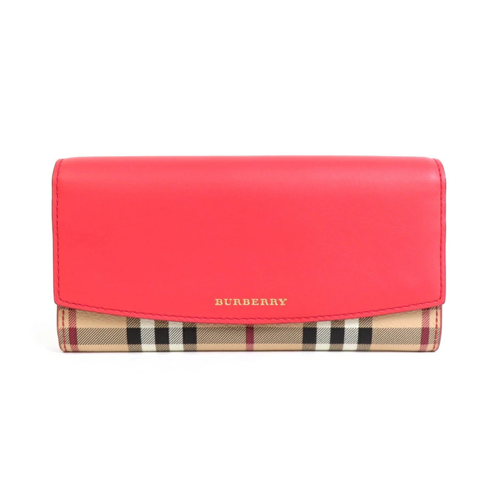 Burberry Bi fold Long Wallet Leather Beige Red